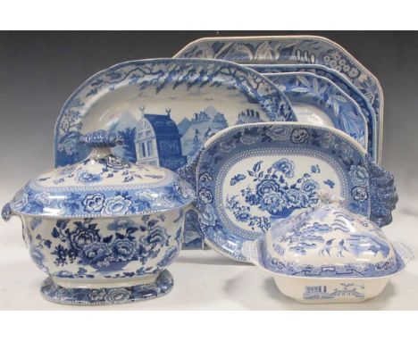 Items of 19th century Staffordshire blue and white printed pottery, to include a tureen, cover and stand, a square tureen and
