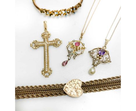 A cross pendant set with cubic zirconia, stamped '375' weight 5.1g, together with two early 20th century split pearl pendants