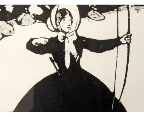 After Sir William Nicholson (British. 1872-1949) 'July', A woman with a bow and arrow,Reproduction print,18.5cm x 18cm;with a