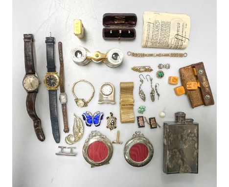 Few items of dress jewellery, a Certina watch, plated Dunhill lighter, mother of pearl French opera glasses in case, etc