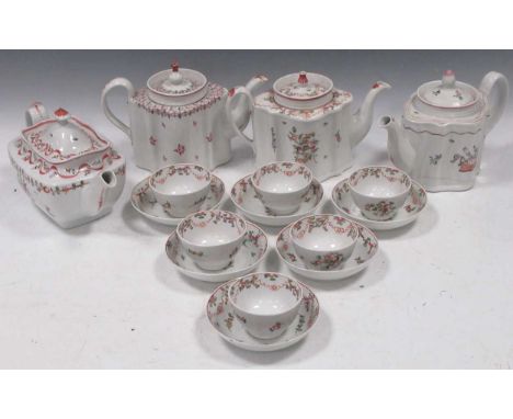 A New Hall tea service, circa 1787-90, painted in overglaze enamels of floral sprays and ribbons; together with three further