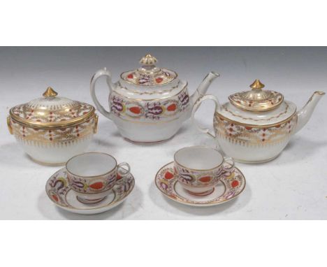 19th century part tea services in mainly white and gilt, Copeland Spode and others. Comprising three teapots, a coffee pot, t