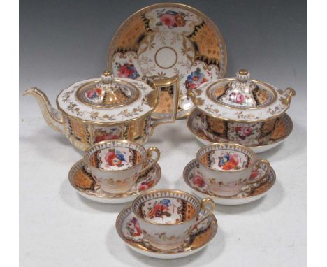 A J&amp;W Ridgway tea and coffee service, circa 1825, painted with sprays of colourful flowers between blue and apricot panel