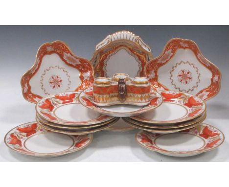 A set of ten Barr Flight and Barr plates, circa 1805-1810, painted with broad borders of iron red leaves with gilded rims; a 