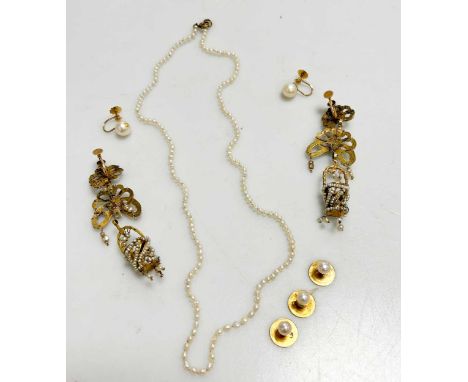 A pair of seed pearl ear pendants tested as 9ct gold, weight 10.1g (A/F), together with a seed pearl necklace, a pair of pear
