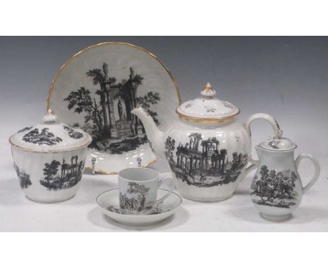 Items of Worcester bat printed porcelain, circa 1790, to include a fluted sucrier and cover, teapot and cover and a plate, a 