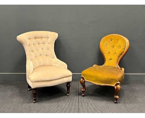 An Edwardian velvet upholstered button back nursing chair and a Victorian show frame nursing chair (2)