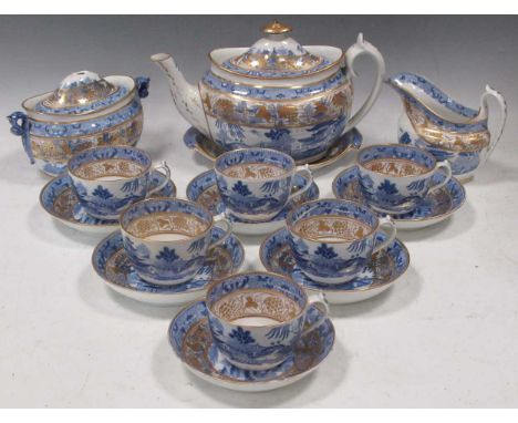 A Miles Mason tea service, circa 1815-20, printed in blue with the Broseley Willow pattern, comprising a teapot cover and sta