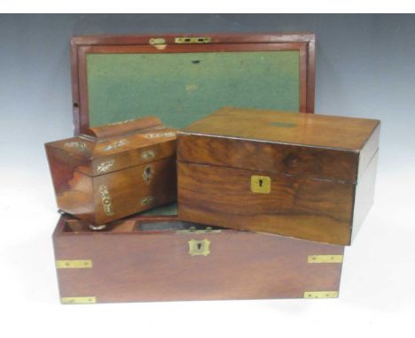 A mahogany and brass bound writing slope with side carrying handles, a 19th century wooden box with a vacant brass plaque to 