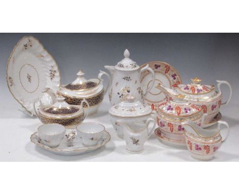 A group of English porcelain teawares, to include items of Chamberlain Worcester fluted porcelain, a coffee pot and cover, su