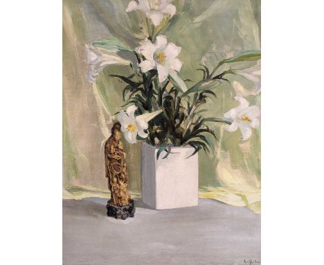 Arrah Lee Gaul (1888 - 1980) Still life of Lillies and a Chinese ivory statuesigned 'Arrah Lee Gaul' (lower right) oil on can