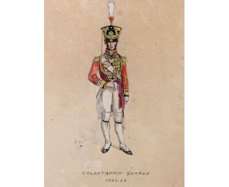 A Group Of Four Military Related Pictures To include a varnished 19th century watercolour of a 'Coldstream Guard', signed wit