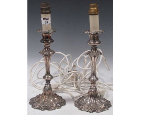 A pair of silver plated candlestick lamps, 32cm high including fitting (2)
