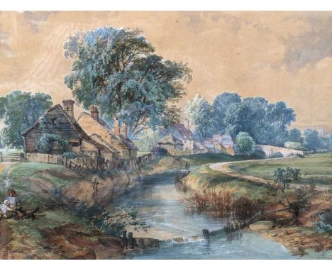 English School (19th century) Children playing with a dog in a river landscape, watercolour, bearing signature 'John Constabl