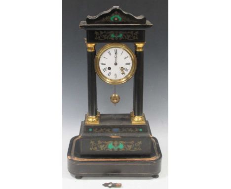 Pillar mounted clock by D'aureville and Lallier, the pediment and base inlaid with brass fret cut foliate decoration, and ena