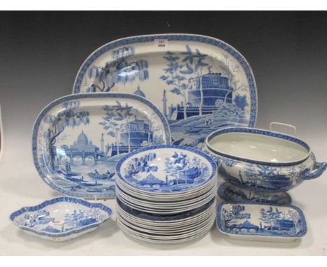 A Spode blue printed Tiber pattern dinner service, circa 1825, comprising ten soup bowls. eleven dinner plates, lozenge shape