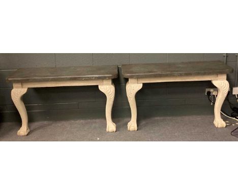 A pair of Gustavian painted console tables with faux marble tops, 70 x 120 x 47cm