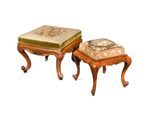 Two similar tapestry topped mahogany stools, 19th century, the larger with overstuffed floral woolwork seat raised on a bold 