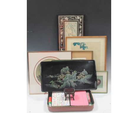 A modern Mahjong set (cased), a small quantity of Chinese embroidered textiles, a scroll painting, and a signed limited editi