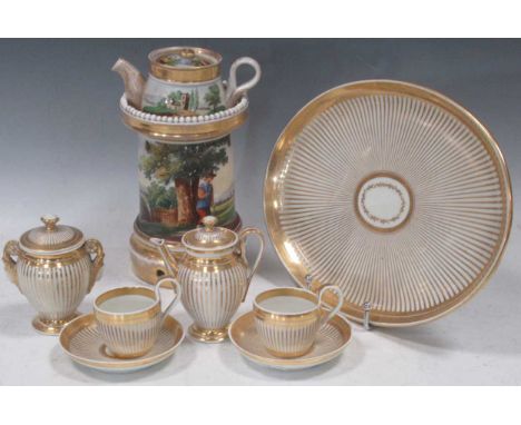 A Vienna cabaret set, circa 1821, of diminutive size, decorated with gilded stripes; together with a  Paris teapot on warming