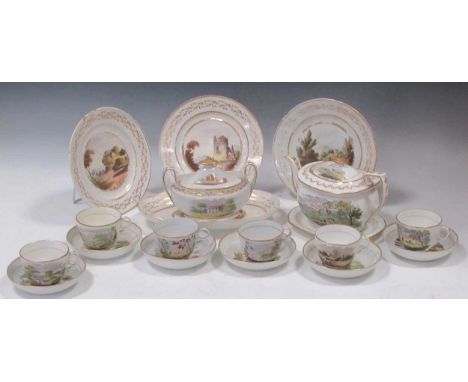 An composed New Hall tea service, circa 1815, with bat printed views of country houses, churches and rural scenes in fresh gr