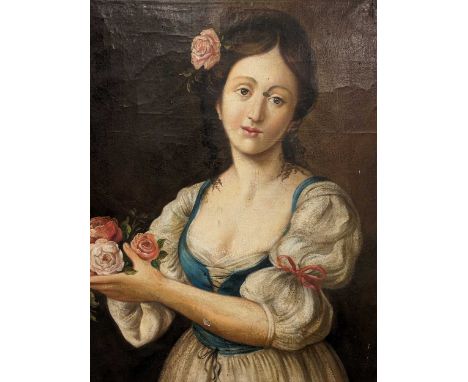 19th Century Naive School A portrait of a young lady holding a bouquet of roses,Oil on canvas,Unsigned,66cm x 56cm;With a fur