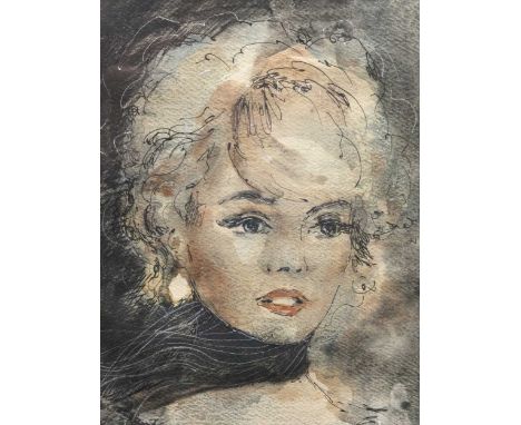 A watercolour and ink portrait of a lady, signed lower right, 20 x 15cm