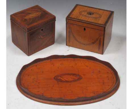 A late George III mahogany shell inlaid tea caddy 10.5 x 11 x 9.5cm, together with a 19th century satinwood tea caddy 11 x 13