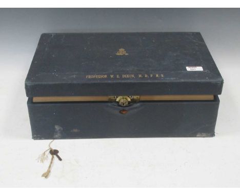 A George V leatherette ministerial box, the cover embossed in gilt 'Professor W. E. Dixon, M, D, F, R, SWalter Ernest Dixon F