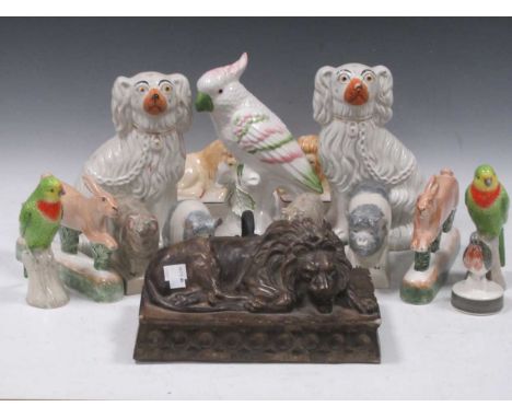 Collection of model animals including moulded recumbent lion, Rye Pottery figures, etc (16)
