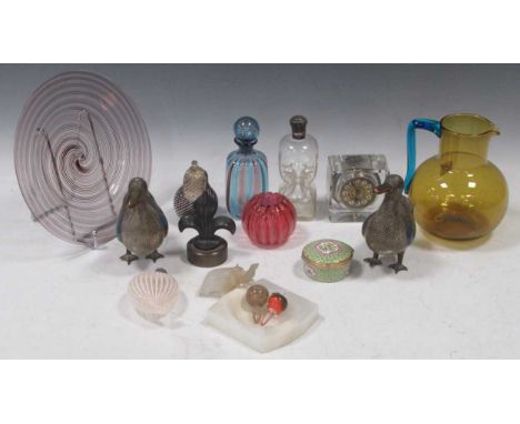 Coloured and decorative glass, Murano type plate, small flask, desk clock, etc