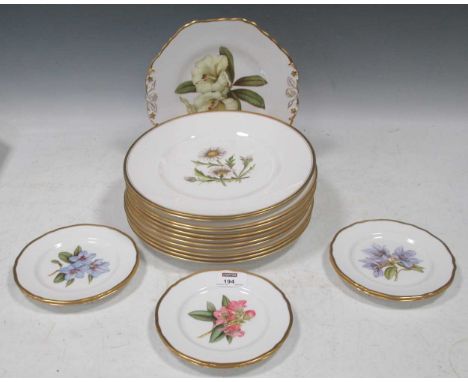 A collection of 11 hand painted Botanical dinner plates designed by A. H. Williamson for Royal Worcester, with gilt edges, 27