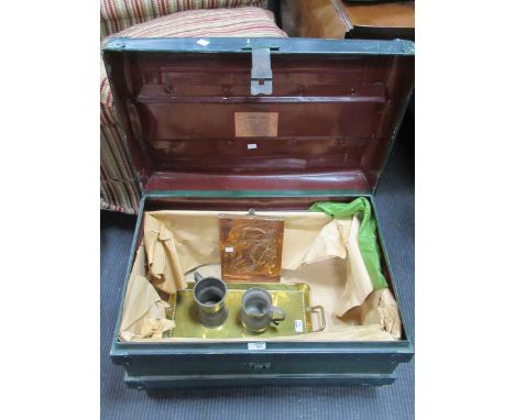 A painted tin trunk with label 'Lovelace &amp; Sons... London', with various pewter and brassware etc