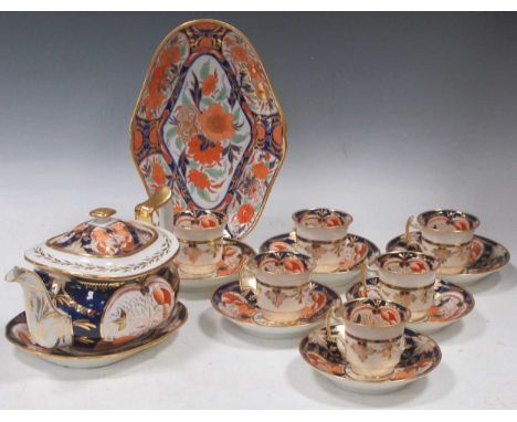 A collection of 19th century imari porcelain teawares, to include a part Staffordshire service comprising a teapot, cover and