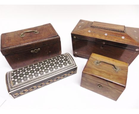 A VICTORIAN ROSEWOOD TEA CADDY  of sarcophagus form with mother-of-pearl decoration, together with three further boxes