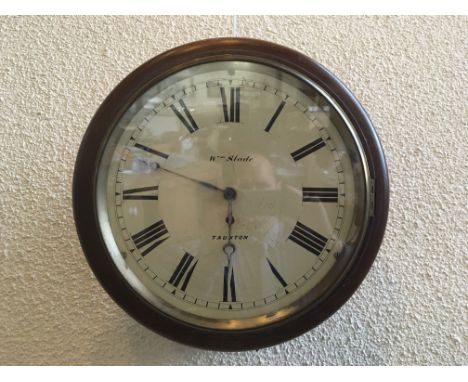 A VICTORIAN MAHOGANY CASED CIRCULAR WALL CLOCK  with fusee movement, the 12' enamel dial inscribed 'Wm. Slade TAUNTON' 39cm d