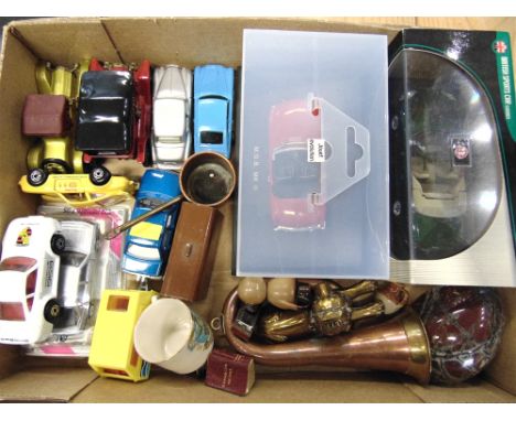 ASSORTED COLLECTABLES  comprising diecast model vehicles; a miniature copper bugle; a miniature Pears English Dictionary; a s