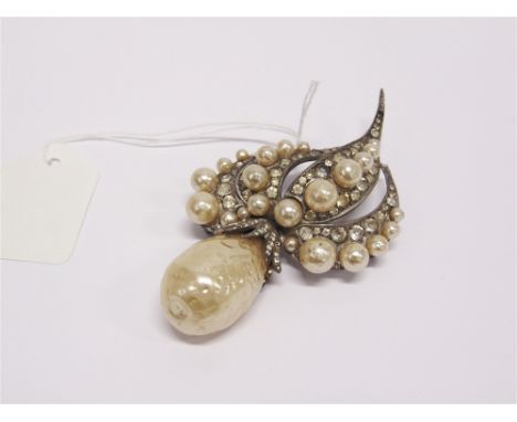 CHRISTIAN DIOR paste and simulated pearl brooch, signed an dated 1961, 10.3cm long