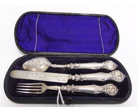 A VICTORIAM SILVER THREE PIECE CHRISTENING SET  the spoon, knife and fork with loaded handles, in original case