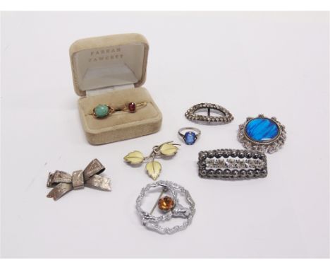 A SMALL COLLECTION OF COSTUME JEWELLERY and a Danish enamel leaf brooch stamped 'Jemax Streling, Denmark'