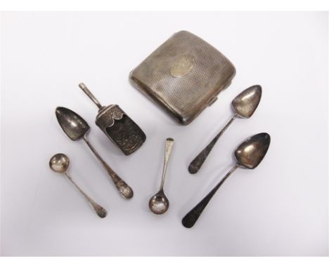 A LATE VICTORIAN SILVER CADDY SPOON London 1895, of embossed shovel bowl design, 8cm long; with three Georgian silver teaspoo