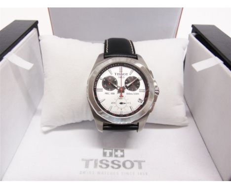 TISSOT, PRC100 a gentlemans steel chronograph quartz wrist watch with date, on a deployment leather strap, with case, three b