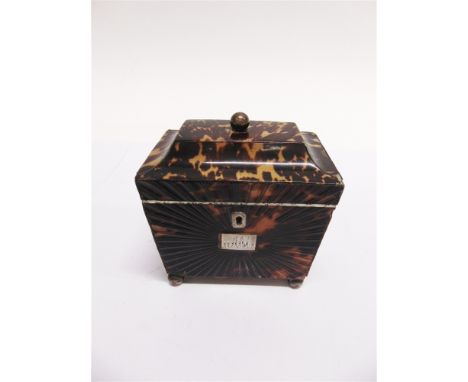 A SMALL EARLY 19TH CENTURY TORTOISESHELL CADDY  of sarcophagus form, standing on four ball feet with conforming knop to lid, 