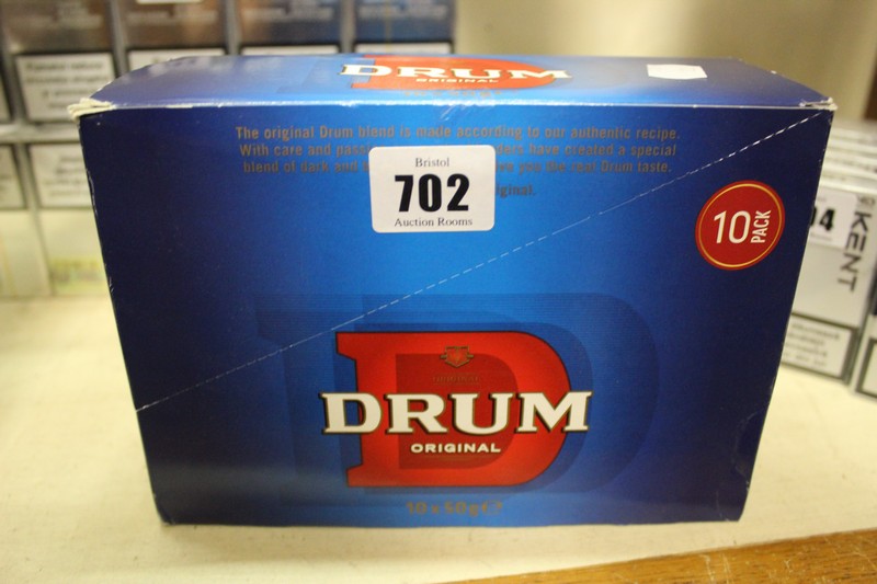 A box of Drum Original rolling tobacco (10 x 50g packs) (Over 18s only).