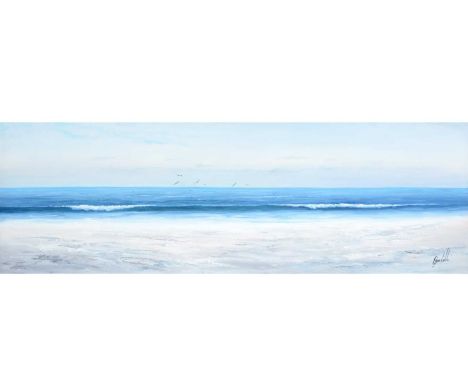 Roger Vilamont (Spanish, b.1947)Panoramic Seascape with Shimmering Shores and Gulls,signed,acrylic on box canvas,50 x 150cms,