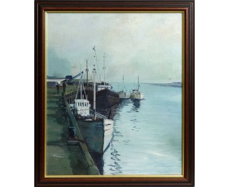 M* Turnbull(20th Century)North Shields Harbour and the Low Light,signed and dated Aug '75,oil on board,56 x 47cms, framed.