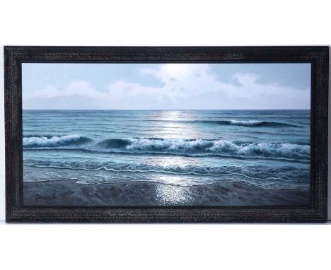 Antonio Garcia Soler(Spanish, b.1957)Moonlit Waves, a panoramic seascape,signed,oil on canvas, laid down on board,39 x 79cms,