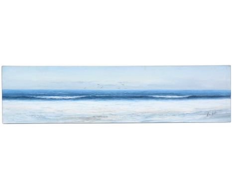 Roger Vilamont (Spanish, b.1947)Shimmering Panoramic Seascape,signed,acrylic on box canvas,30 x 120cms, unframed as intended.