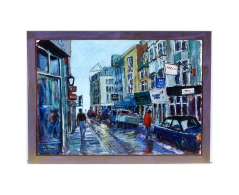 M* Mortimer (20th Century)A Busy City Street,signed and dated 1999,oil on paper,58 x 83cms, framed.