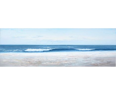 Roger Vilamont (Spanish, b.1947)Panoramic Seascape with Shimmering Shores and Sailboats,signed,acrylic on box canvas,50 x 150